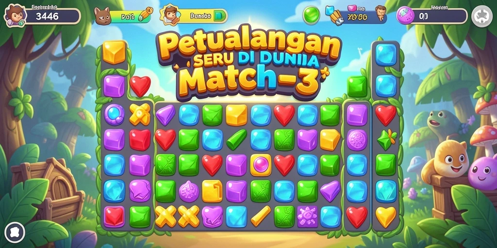 Tampilan gameplay seru Match-3 di 3446 dengan efek visual menawan.