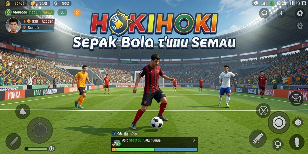Tangkapan layar HOKIHOKI menampilkan aksi seru di lapangan sepak bola.